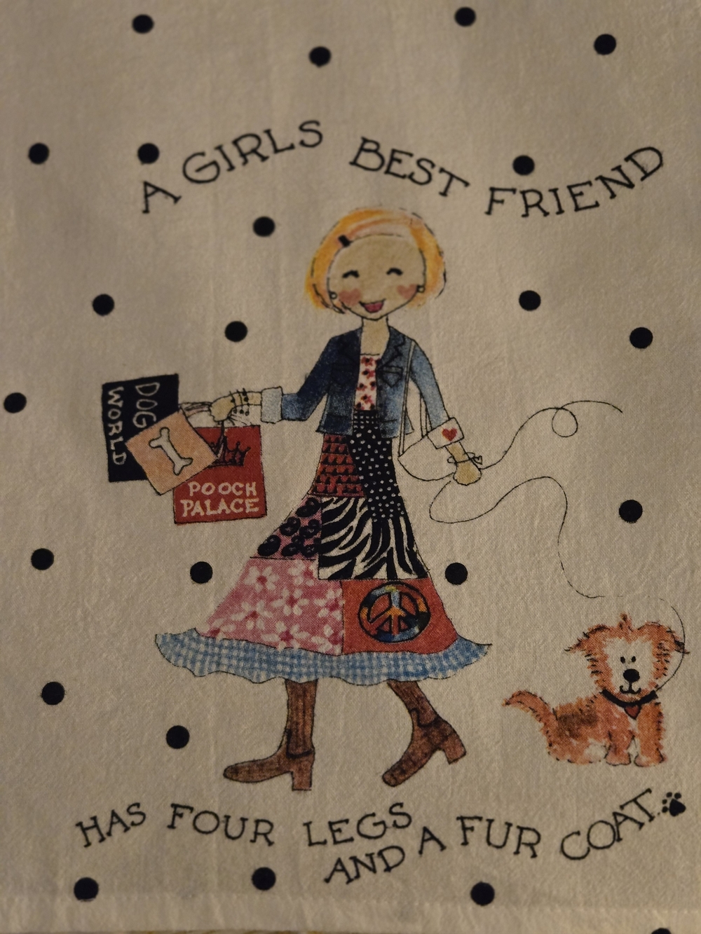 Dog Tote Art Print Tea Towel- Pink & Blue Fashion Girl with Puppy